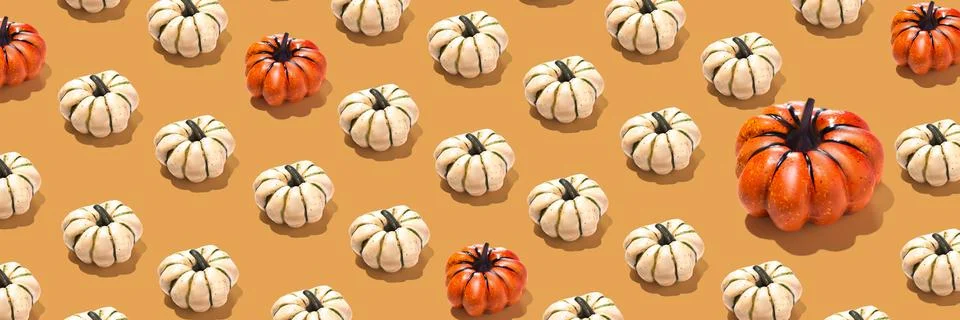 Pumpkins pattern creative on orange background long banner minimal Stock Illustration