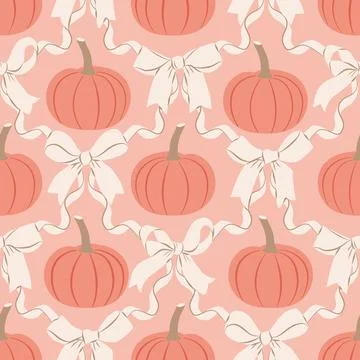 Pumpkins with pink bows seamless pattern. Halloween vegetable design retro .. Stock Illustration