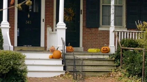 Pumpkins on the porch 2 Stock Footage 48332239