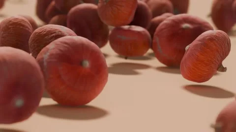 Pumpkins rolling in slow motion on bright background, 3D animation for Hall.. Stock Footage 317985189