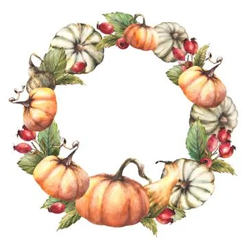 Pumpkins with rose hips fruit and leaves. Fall harvest wreath circle frame Stock Illustration