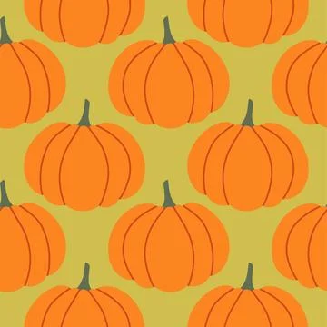 Pumpkins seamless pattern. Autumn isolated orange pumpkin on green background Stock Illustration