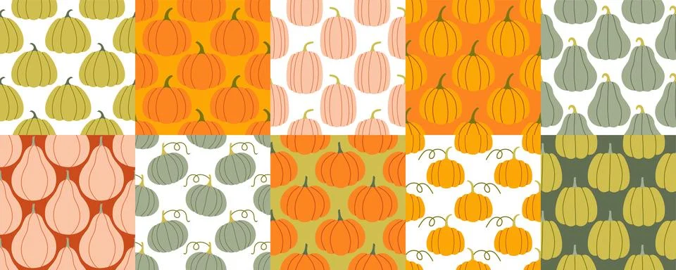 Pumpkins seamless pattern big set. Autumn pumpkin on isolated background. Square Stock Illustration