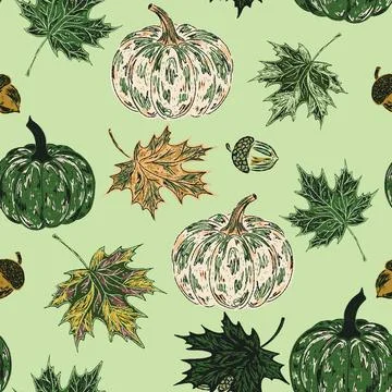 Pumpkins seamless pattern, marine motifs. Hand-drawn with sketch style elemen Stock Illustration