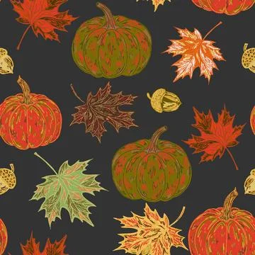 Pumpkins seamless pattern, marine motifs. Hand-drawn with sketch style elemen Illustrazione stock