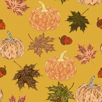 Pumpkins seamless pattern, marine motifs. Hand-drawn with sketch style elemen Stock Illustration
