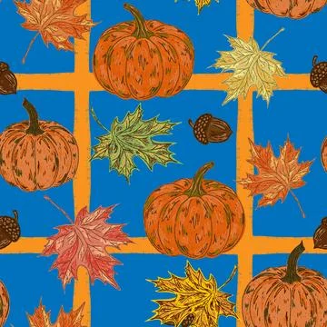 Pumpkins seamless pattern, marine motifs. Hand-drawn with sketch style elemen Illustrazione stock