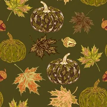 Pumpkins seamless pattern, marine motifs. Hand-drawn with sketch style elemen Stock-Illustration