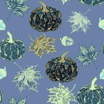Pumpkins seamless pattern, marine motifs. Hand-drawn with sketch style elemen Stock Illustration