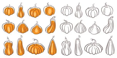 Pumpkins set black and white icons. Halloween collection. Vector illustration Stock Illustration