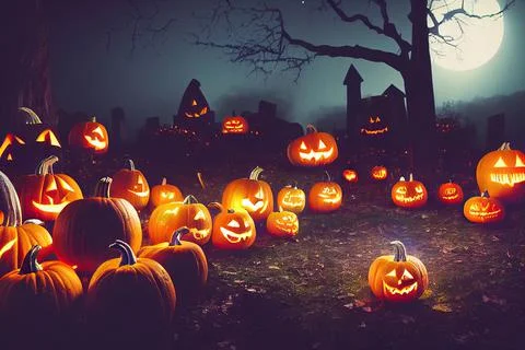 Pumpkins from skulls, bats, moon and tombs in the graveyard on spooky Hallowe Stock Illustration