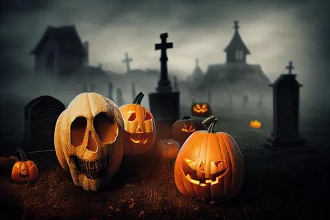 Pumpkins from skulls, bats, moon and tombs in the graveyard on spooky Hallowe Stock Illustration
