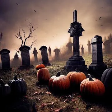 Pumpkins from skulls, bats, moon and tombs in the graveyard on spooky Hallowe Stock Illustration