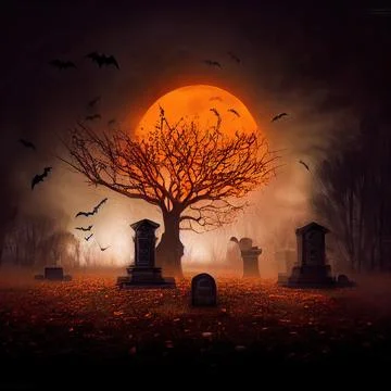 Pumpkins from skulls, bats, moon and tombs in the graveyard on spooky Hallowe Stock Illustration