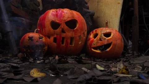 Pumpkins in the slums under red rain Stock Footage 220036405