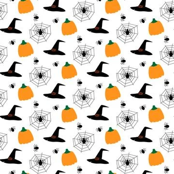 Pumpkins, spiders cobwebs and Witch hats Seamless pattern. Halloween greetings Stock Illustration