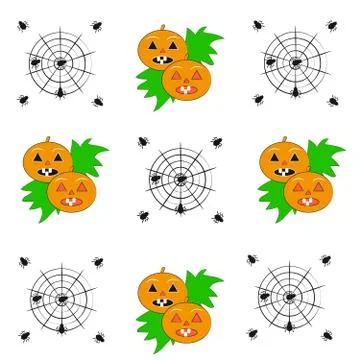 Pumpkins with spiders on white background Stock Illustration