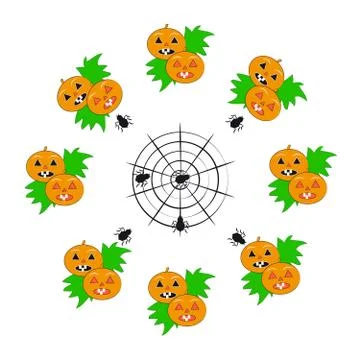 Pumpkins with spiders on white background Stock Illustration