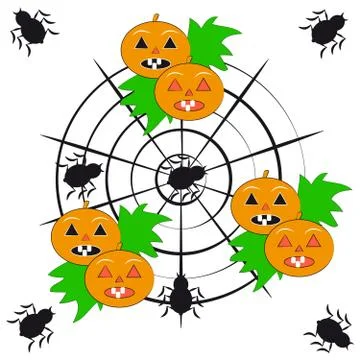 Pumpkins with spiders on white background Illustrazione stock