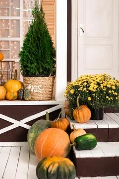 Pumpkins on the steps of the house Stock Photos