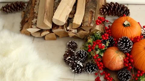 Pumpkins surrounded by pinecones, bright berries, and firewood create warm Stock Photos