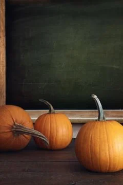Pumpkins on table with menu board in background Stock Photos