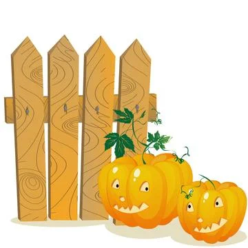 Pumpkins Two smiling pumpkins over a wooden fence. Stylized cartoon elemen... 스톡 사진