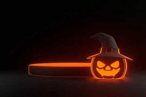 Pumpkins wearing witch hat and podium with neon lights on black background Stock Illustration