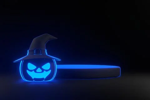 Pumpkins wearing witch hat and podium with neon lights on black background Stock Illustration