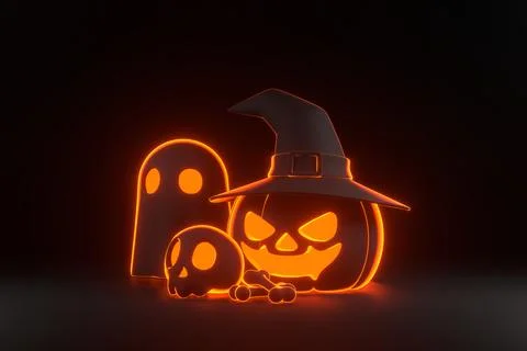Pumpkins wearing witch hat, skull and bones with neon lights on black background Stock Illustration