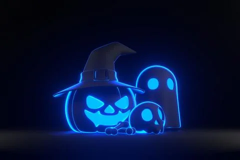 Pumpkins wearing witch hat, skull and bones with neon lights on black background Stock Illustration