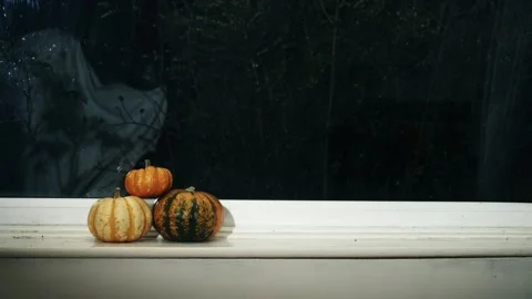 Pumpkins in window with ghost in the background Stock Footage 323123554