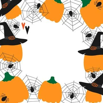 Pumpkins in Witch caps spiders on cobweb square Frame border Halloween greetings Stock Illustration