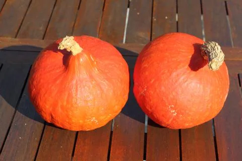 Pumpkins on a wooden table Stock Photos
