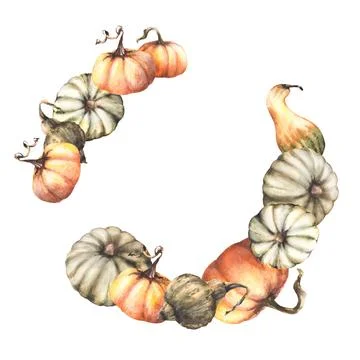 Pumpkins wreath. Fall harvest circular frame. Isolated Watercolor autumn Stock Illustration