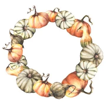Pumpkins wreath. Round frame of fall vegetables. Isolated Watercolor autumn Illustrazione stock