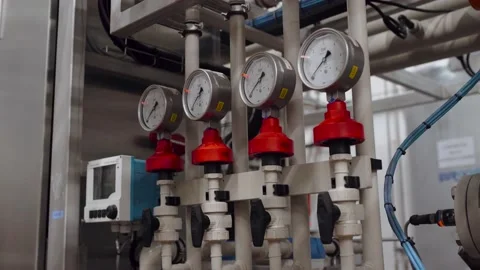 Pumps, pipelines and devices in an interior of modern boiler house, manometers Stock Footage 144359537