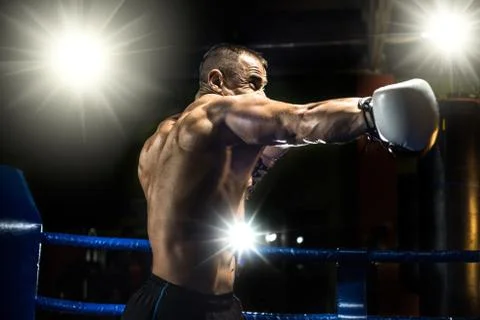 Punching boxer on boxing ring Foto stock