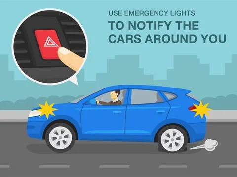 Punctured rear wheel or flat tire while driving a car. Use emergency lights. Stock Illustration