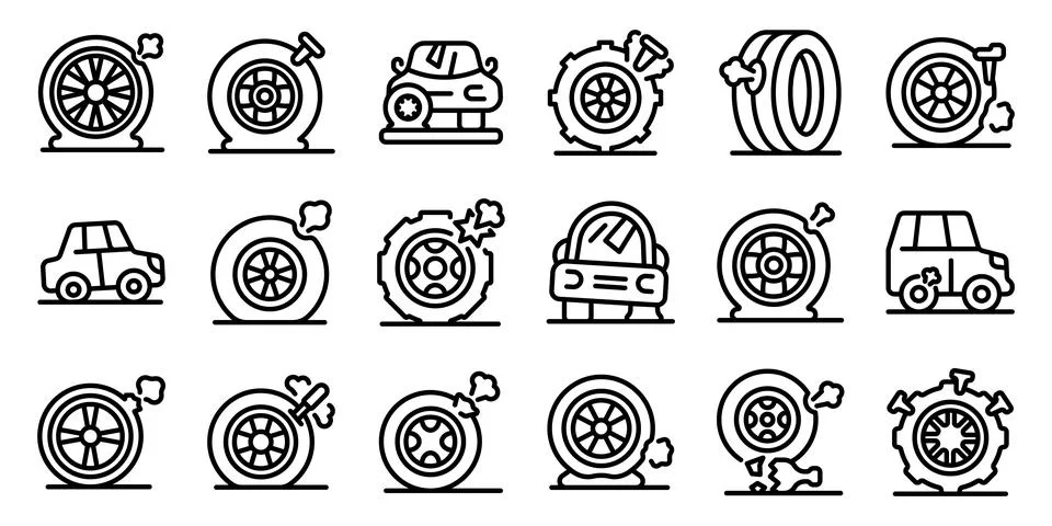 Punctured wheel icons set. Set of flat tire icons featuring various stages of Stock Illustration