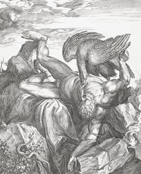 The punishment of Prometheus for stealing fire from the Olympian gods and giving Stock Illustration