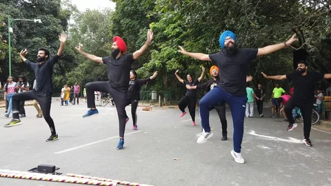 A Punjabi  flash mob dancing to a song in Cubbon park on a bright day Stock Footage 129811319