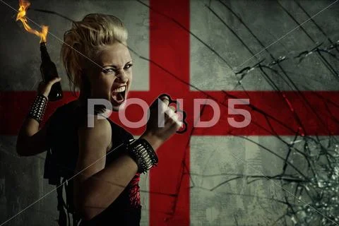 Punk girl with molotov cockatail against england flag. Stock Illustration