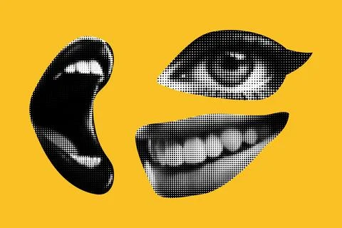 Punk quirky collage elements. Eyes and lips and ear in halftone treatment. Retro Illustrazione stock