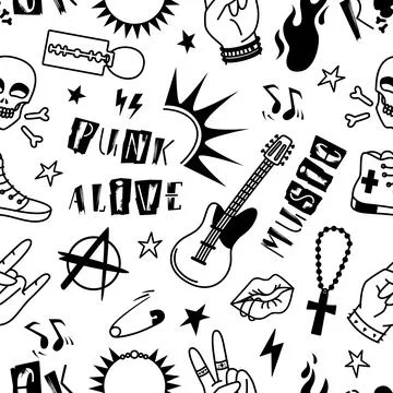 Punk rock seamless pattern. Metal music style symbols, grunge elements and Stock Illustration