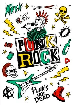 Punk rock set. Punks not dead words and design elements. vector illustration. Illustrazione stock
