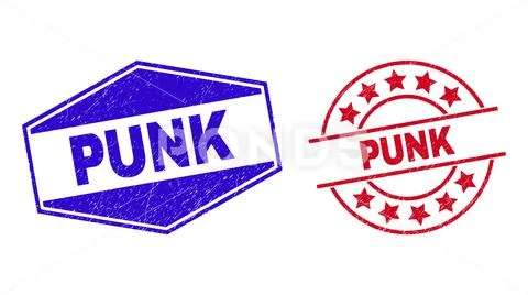 PUNK Scratched Badges in Round and Hexagon Shapes: Graphic #155748277