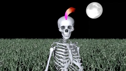 A punk skeleton with a bright mohawk walks like a zombie. Stock Footage 276497617