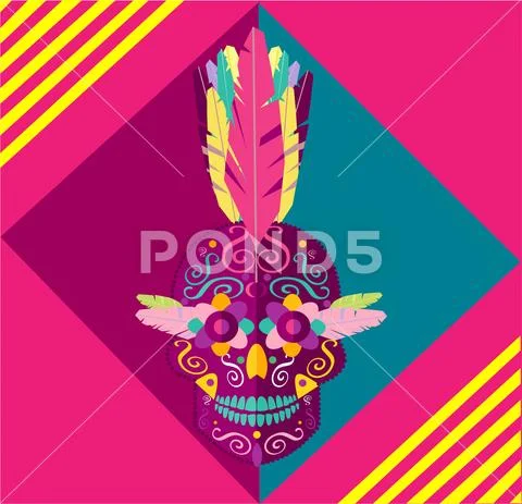 Punk skull icon with feathers Mohawk and colorful background vector illustration Stock Illustration
