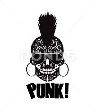 Punk skull icon with Mohawk and text, vector illustration. Stock Illustration